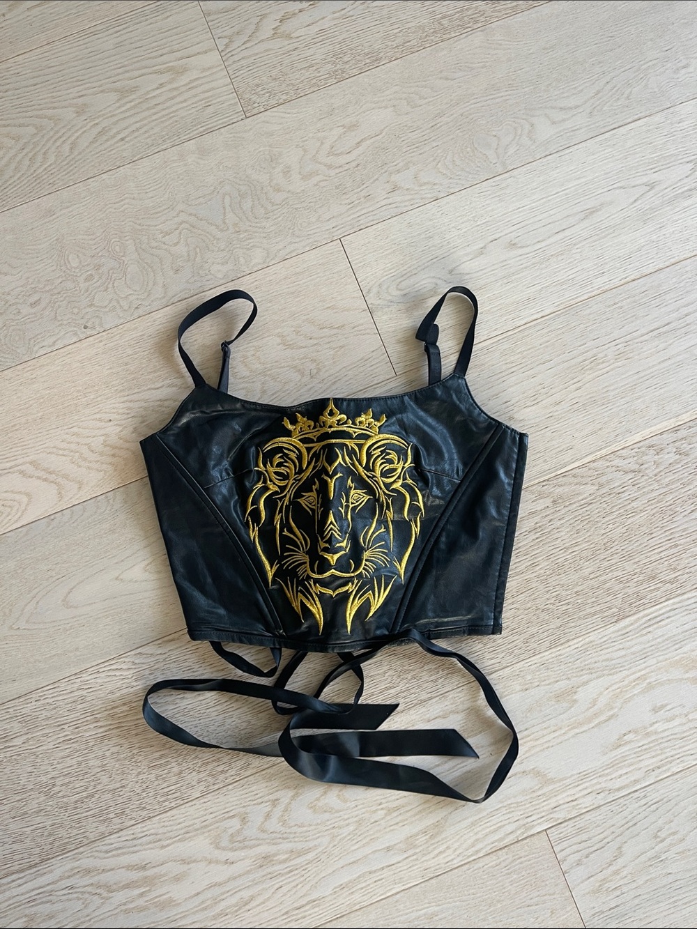 Black Faux Leather Lion Appliqué Corset Crop Top - Gold Detail